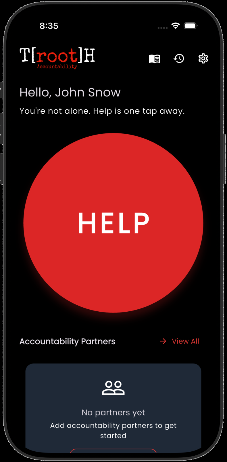 Home screen with HELP button