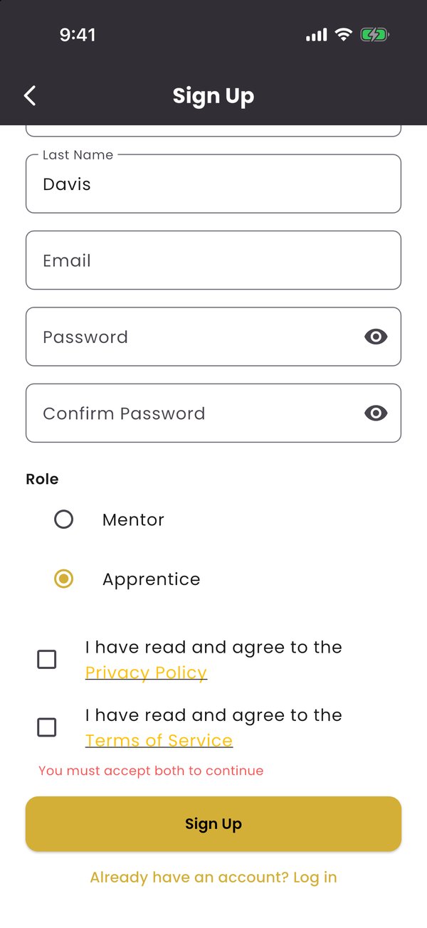 Sign up screen with the Apprentice role selected