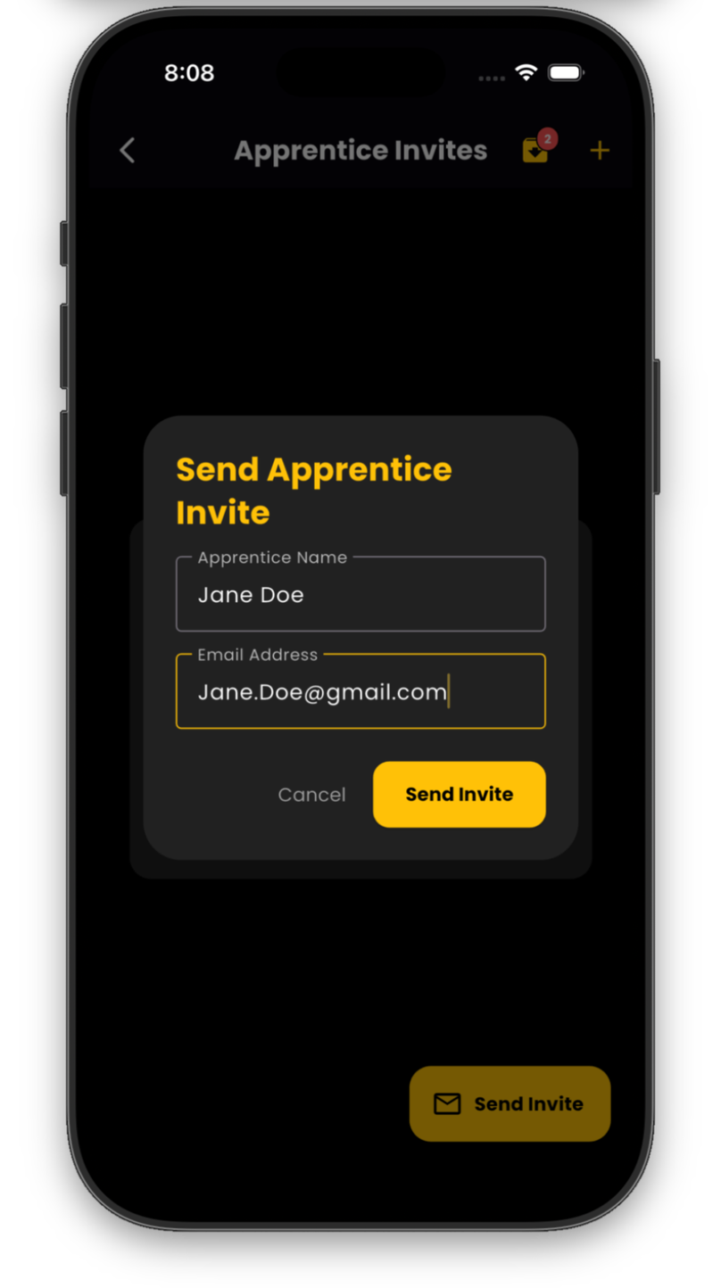 Invite apprentice screen