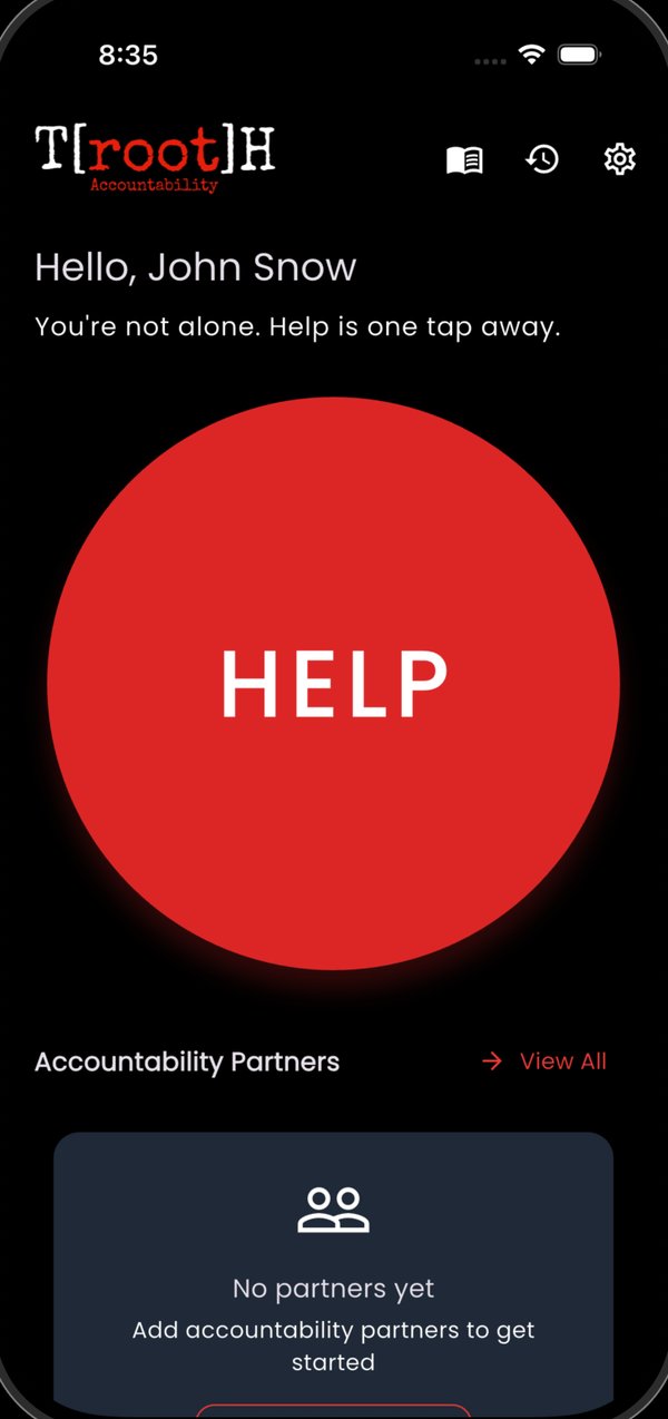 Accountability home screen with the one tap HELP button